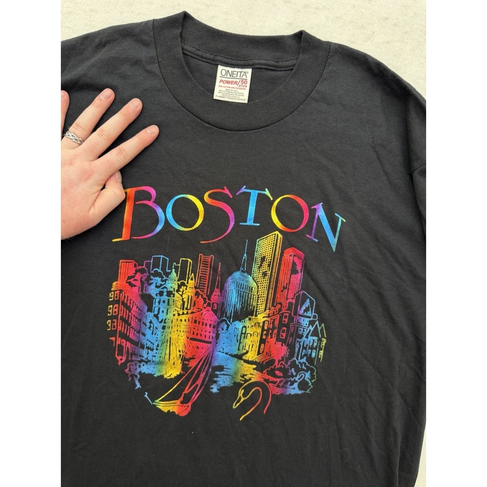VTG 90s Oneita Power/50 Plus Boston Pride Graphic Men's XL Shirt Black Rainbow